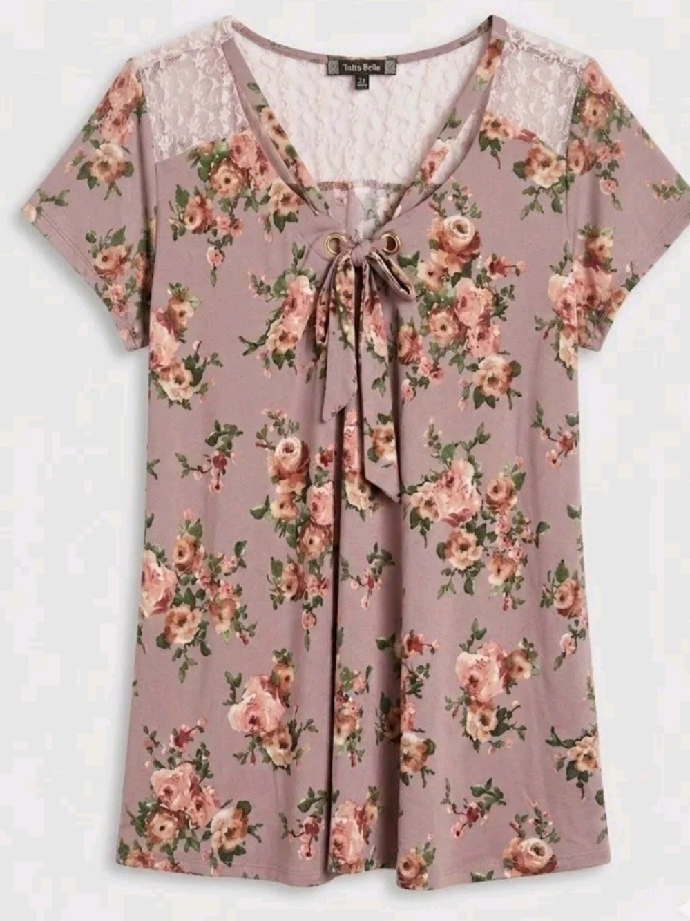 Tutta Bella Mauve Floral Tie-Neck Lace Yoke Blouse